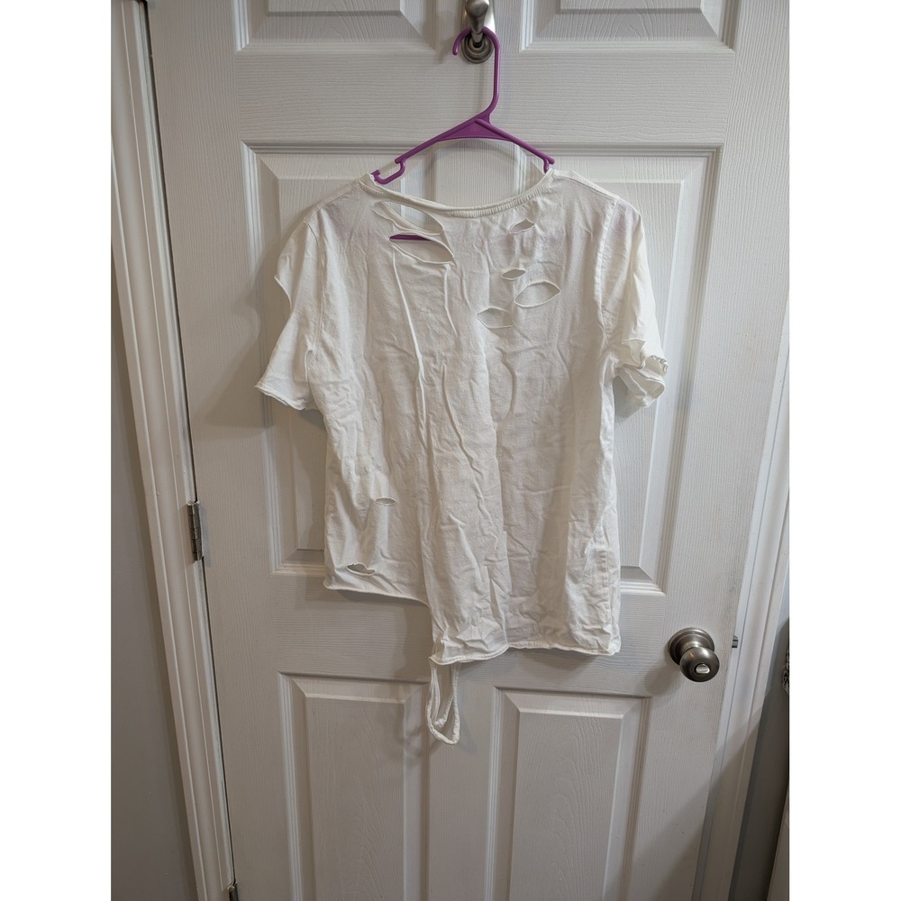 POL Distressed Cutout Slashed Tee White Cotton - Size L - Picture 2 of 5